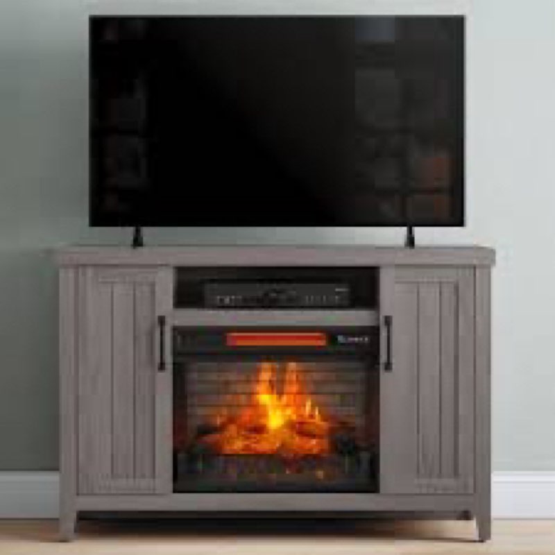 Style Selections 48-in W Iron Oak Free standing Infrared quartz Flat wall Electric Fireplace with Remote Control Included