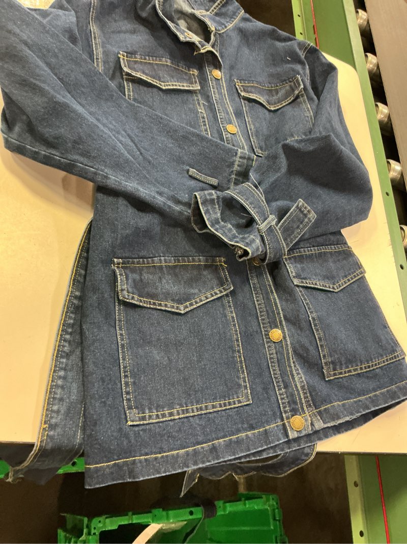 Condition photo showing Good Condition for lioness sweetness high neck belted cinch waist tie sleeve longline denim jacket in indigo