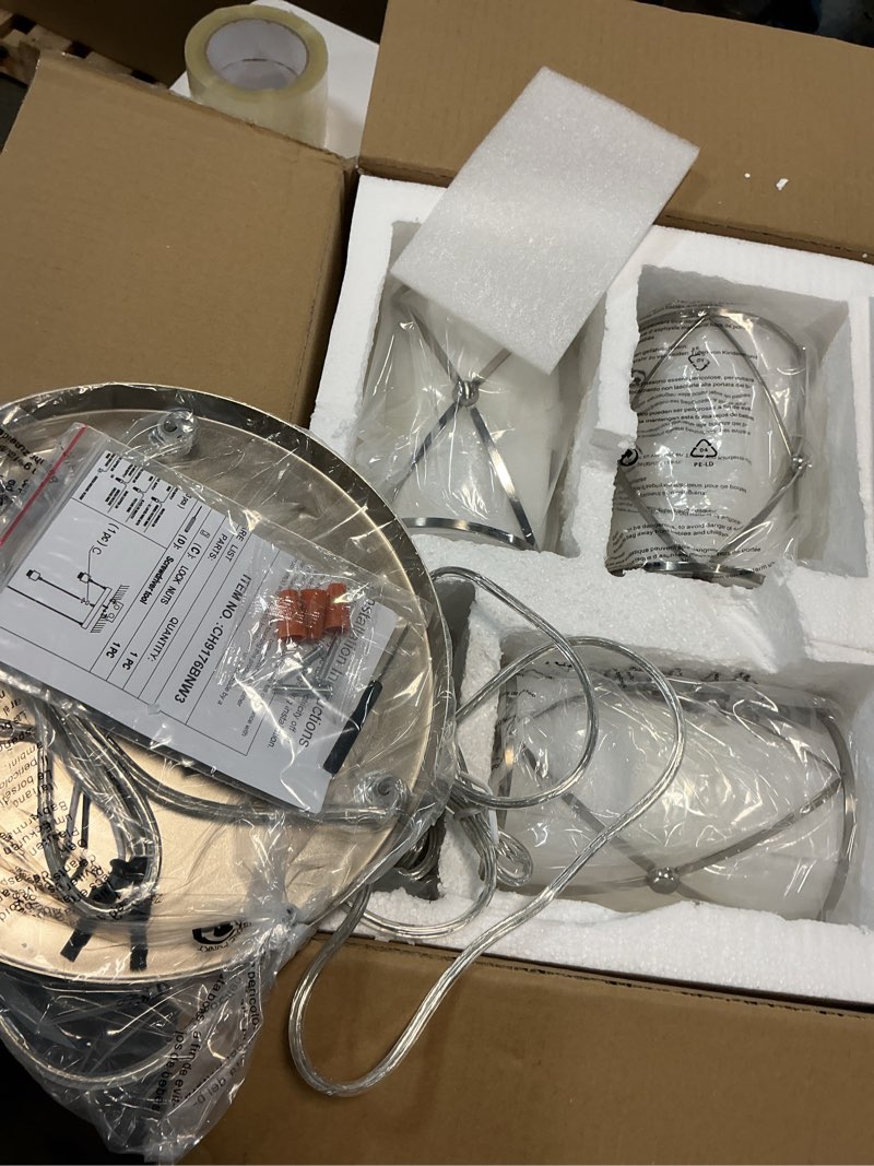 Condition photo showing Good Condition for Brushed Nickel Dining Room Chandelier Light Fixture, 3-Light Pendant Lighting with Frosted Glass, Modern Kitchen Island Cluster Hanging Pendant Lights for Sink, CH9176BNW3 Nickel, Milk White Glass 3-Light, 1 PACK