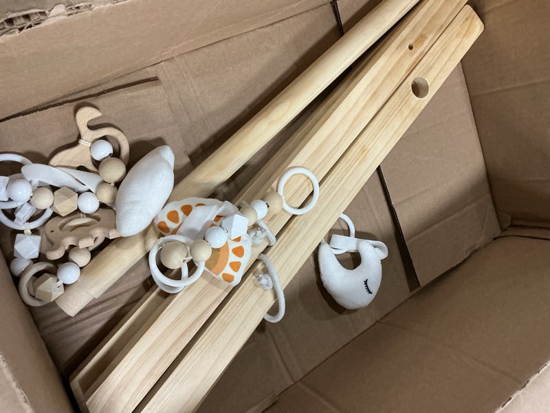 Condition photo showing As Is for mallify wooden baby gym with 6 gym toys, foldable baby play gym, natural pine wood play gym, frame activity center hanging bar, wooden play gym