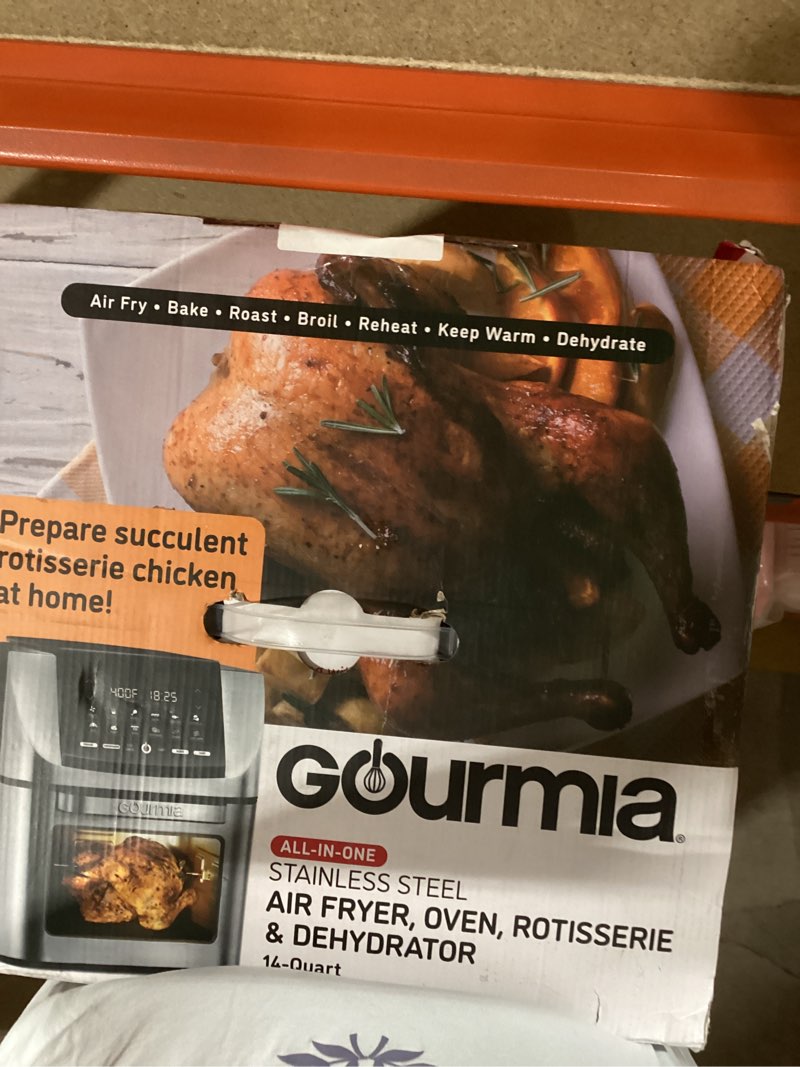 Condition photo showing New/Like New for gourmia toaster oven air fryer combo 17 cooking presets 1700w french door digital air fryer oven 24l capacity accessories, convection rack, baking pan tray recipe book gtf7655,large,stainless steel