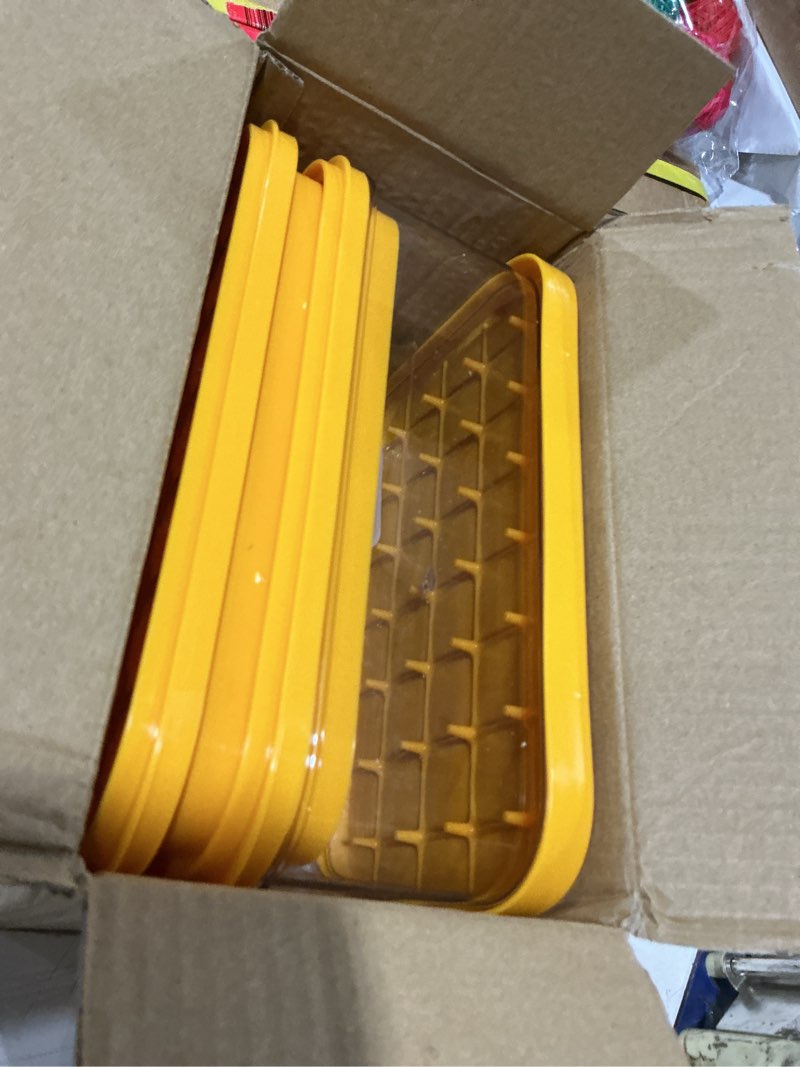 Condition photo showing New/Like New for brigii ice cube tray with lid & storage bin, 56 cubes ice mold with easy-release silicone bottom, stackable ice trays for freezer, bpa free,for cocktails, whiskey, coffee & drinks orange