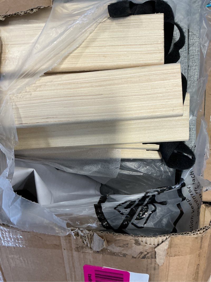 Condition photo showing As Is for Queen Size Bed Frame with Diamond Tufted Headboard, Linen Upholstered Platform Bed and Wooden Slat Support, Noise-Free, No Box Spring Needed, Easy Assembly, Light Grey Light Grey Queen