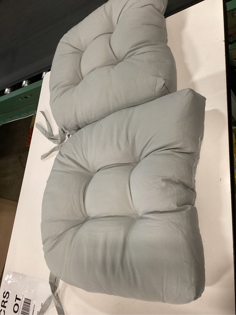 Condition photo showing Good Condition for sunbrella canvas natural tufted chair cushion round u-shaped back 16 x 16 x 3 (set of 2)