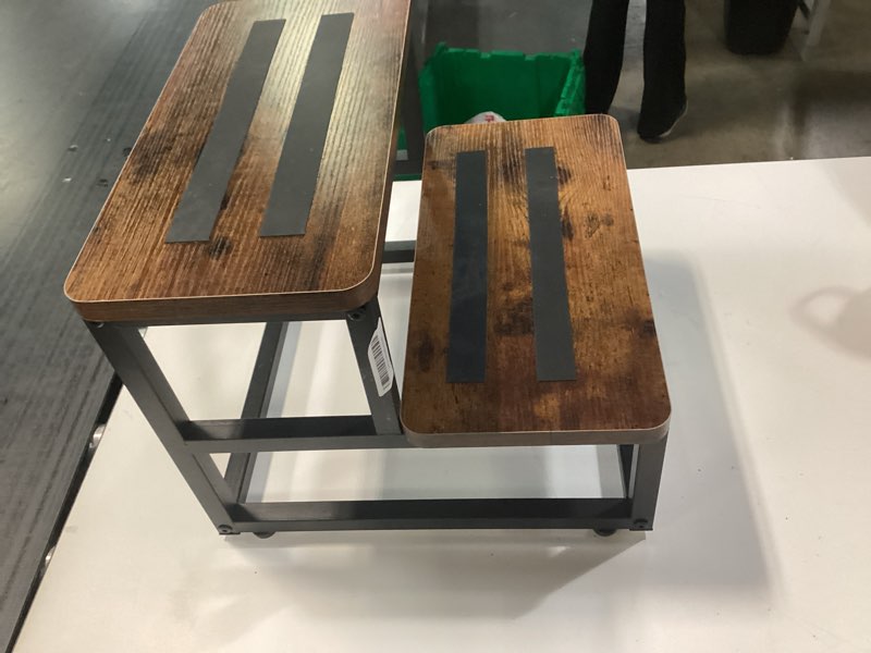 Condition photo showing Good Condition for 2 step wooden step stools for adults kids, heavy duty stepping stools wooden bed step stools for high beds, non-slip 2 bedside foot stool with 500 lbs capacity, kitchen, bed, rvs step, rustic brown thickness: 1 inch rustic brown