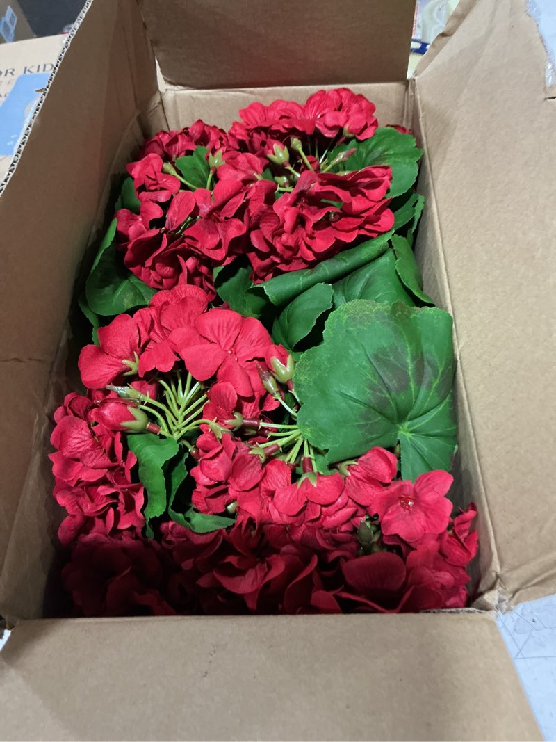Condition photo showing Good Condition for forest prince 4 pcs 18" artificial geraniums for outdoors, uv resistant red silk flowers for window box porch patio garden decor, waterproof ruby red