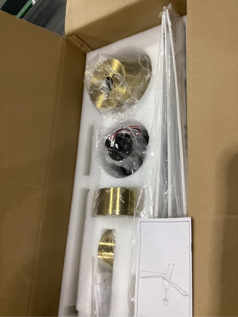 Condition photo showing New/Like New for 52" Ceiling Fan no Light with Remote,Modern Ceiling Fans for Patios Bedroom Farmhouse,3 Blade Outdoor Ceiling Fan whitout Light with 6 Speeds and Timer,White ABS+Gold 52 INCH White ABS+Gold