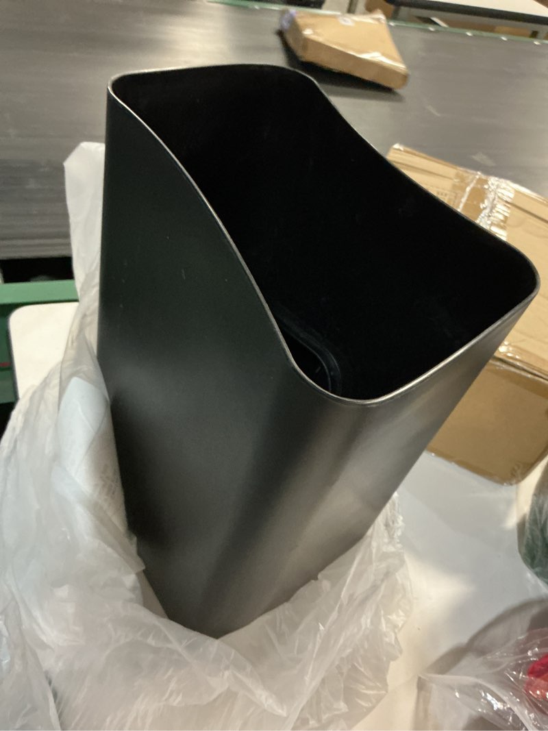 Condition photo showing As Is for vababa 3 gallon black plastic swing top trash can, small slim garbage bin | 12 liter capacity, swing-top lid, slim narrow rectangular, ideal for bedroom, restroom, bathroom waste disposal