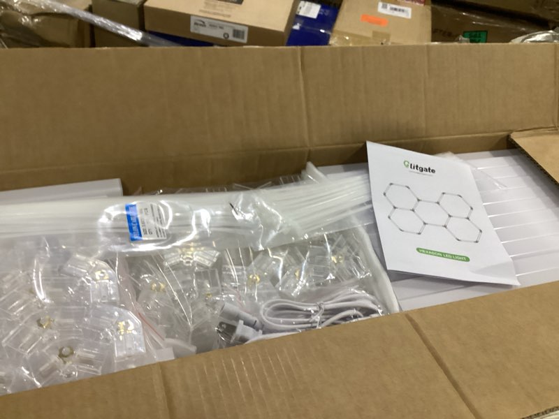 Condition photo showing As Is for glitgate hexagon led garage light, 579w 63690lm 14-grid honeycomb hex lighting system, 6500k ultra b