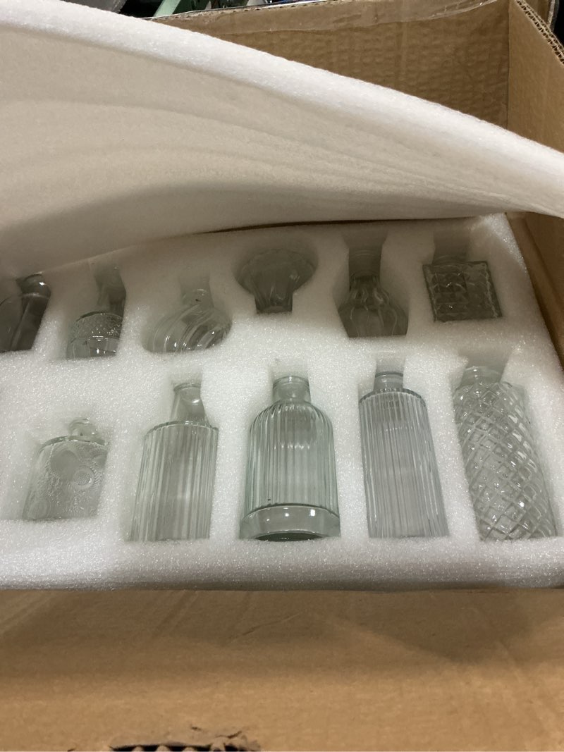 Condition photo showing New/Like New for bud vases set of 12, glass vase for decor centerpieces, small vases for flowers, clear flower vase stripe modern bud vases in bulk, vintage vases for floral wedding party table decoration home decor clear 1 pack