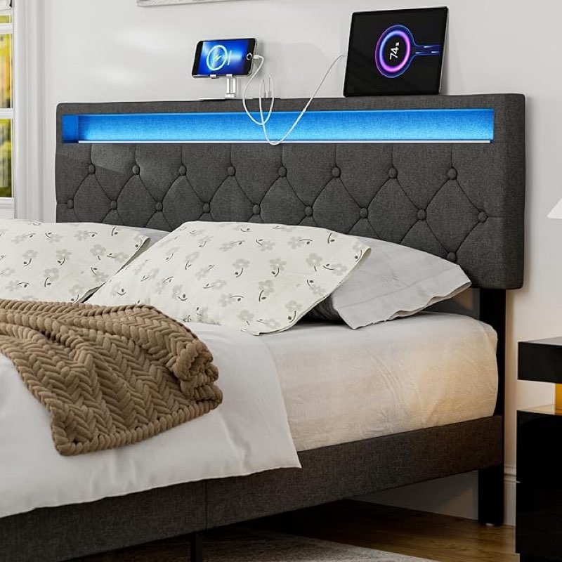 Upholstered Twin Size Headboard Only, Adjustable Height, Modern Queen Headboard with LED Lights & 2 USB Ports, Button Tufted Design, Easy Assembly - Dark Grey (Similar to the stock photo)