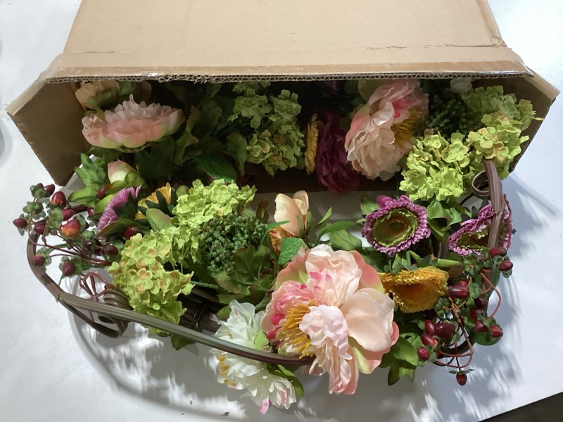 Condition photo showing Good Condition for nearly natural 24in artificial peony wreath faux floral door wreath for indoor home entryway wall decor, multicolor