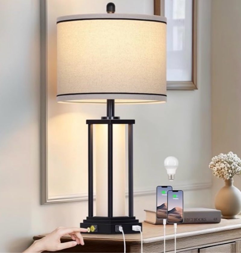 27in tall farmhouse table lamp with usb c+a & outlet,black industrial end table lamp for living room,vintage rustic bedside lamp with night light for bedroom nightstand,single black