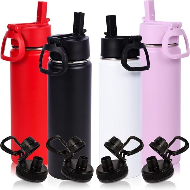 Volhoply 20oz Insulated Stainless Steel Water Bottle With Straw Lid Bulk 4 Pack,Kids Double Wall Vacuum Cups With Handle,Reusable Outdoor Sports Camping Bottles,Travel Flask Keep Cold&Hot(Mix,3)