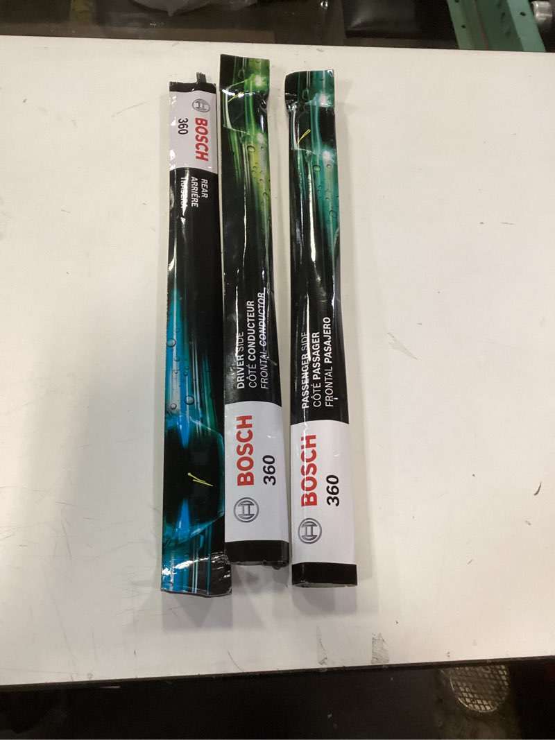 Condition photo showing Good Condition for BOSCH B36006 360 Complete Vehicle Wiper Blade Replacement - Includes Front Beam Blades (Pair) + Rear Wiper Blade (1) - 26"/20"/12" Front (26" & 20") + Rear (12") 360 Combo Pack (Front + Rear)