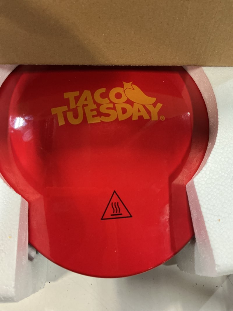Condition photo showing As Is for taco tuesday deluxe 10-inch 6-wedge electric quesadilla maker with extra stuffing latch, red 10-inch quesadilla maker