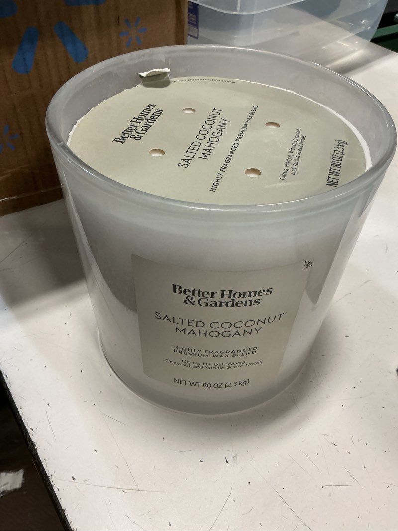 Condition photo showing New/Like New for better homes & gardens salted coconut mahogany scented 4-wick large oversized jar candle 80oz.