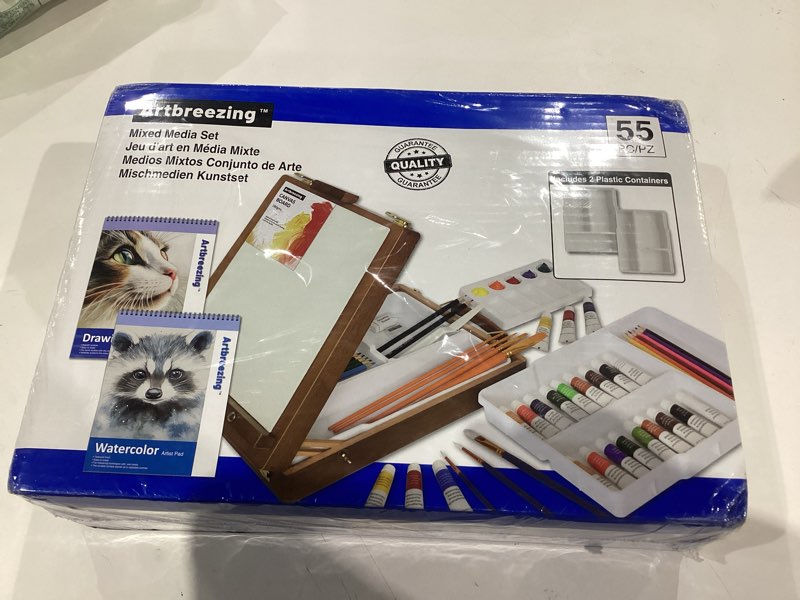 Condition photo showing New/Like New for Mixed Media Art Set,55 Pack Painting Supplies Kit with Tabletop Sketch Box Easel and Various Accessories,Complete Painting Set for Students Artists Beginners Mixed Media Set