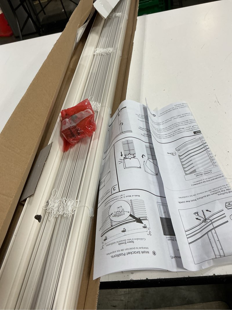 Condition photo showing As Is for mainstays cordless 1" vinyl light filtering blinds, white