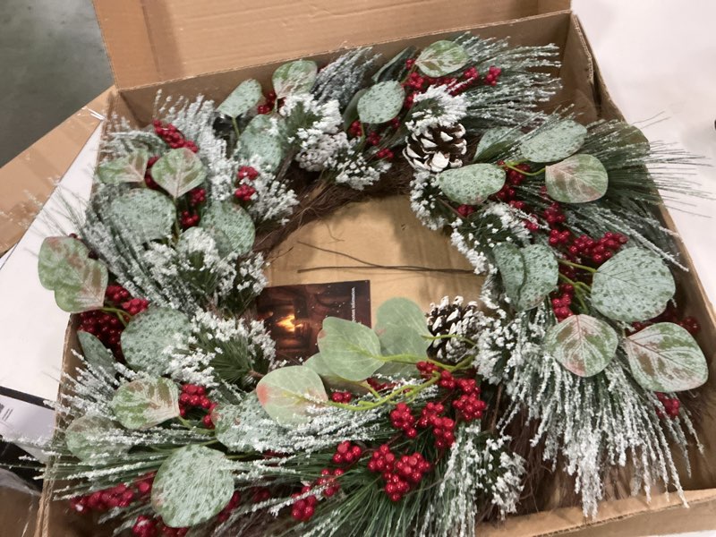 Condition photo showing Good Condition for 26” Christmas Wreath with Hanger Lights for Front Door Outdoor Porch Frosted Branches Snowy White Pine Needles Cones Berry Clusters Winter Décor Indoor Wall Decorations