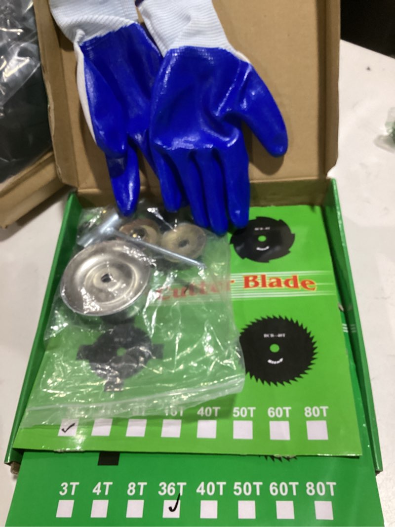 Condition photo showing Good Condition for 10"x 3 teeth carbon steel brush cutter weed eater blades & 9"x 36 teeth carbide tipped blades with universal adapter kit compatible with brush cutter, trimmer, weed eater, husqvarna stihl ego 10"x3t+9"x36t