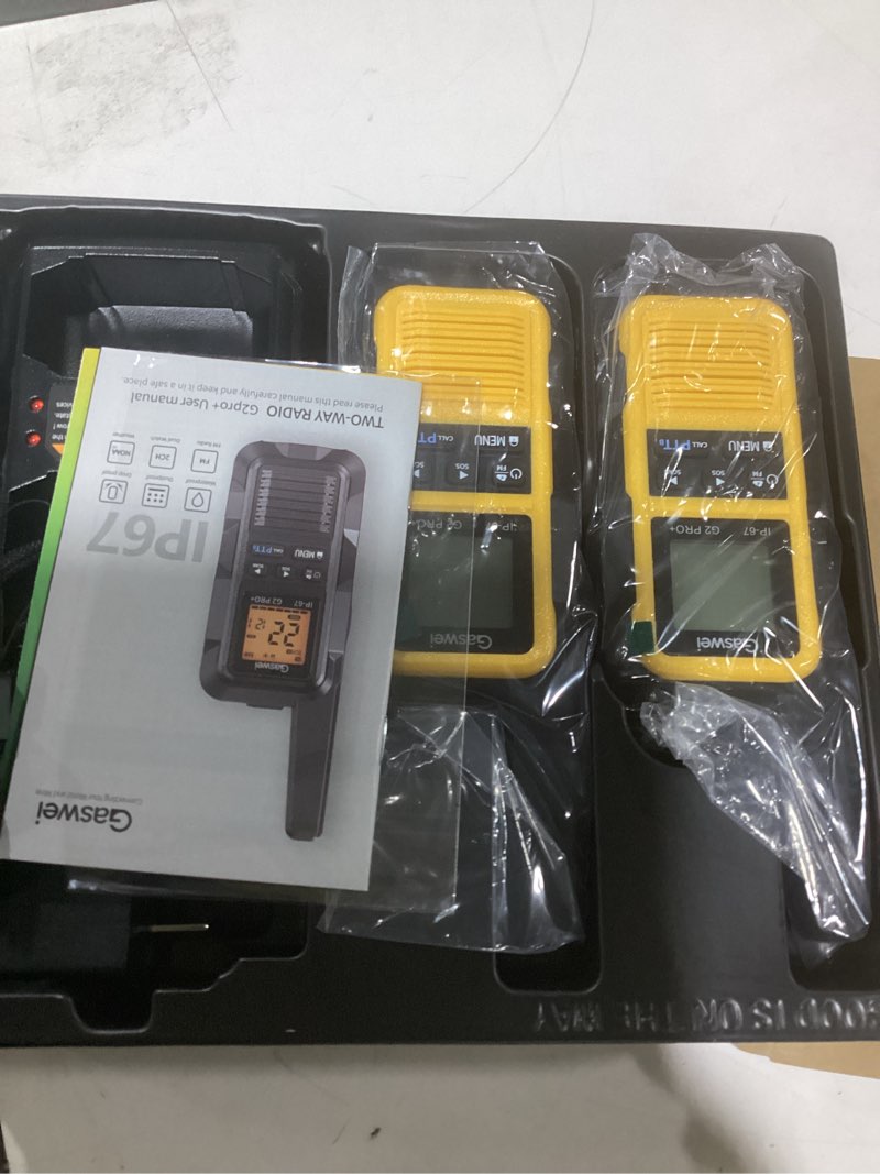 Condition photo showing New/Like New for gaswei g2pro+ ip67 waterproof floating heavy duty walkie talkies long range for adults frs double ptt?fm radio,sos,noaa weather rechargeable two way radios 2 watts,vox,li-ion battery (2 pack - yellow) 2pack-yellow