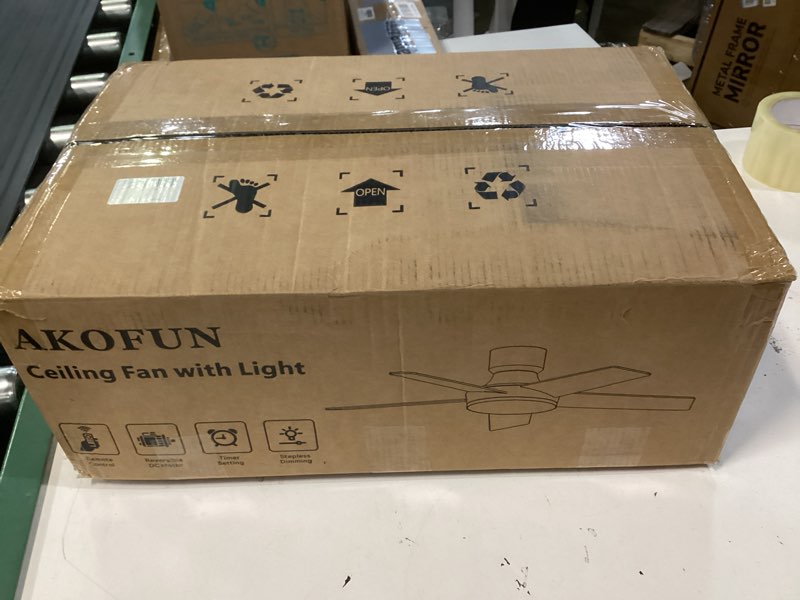 Condition photo showing New/Like New for akofun ceiling fans with lights and remote, low profile ceiling fan with light, app, 6 speed, dimmable, dc motor, quiet, timer, flush mount modern ceiling fan for bedroom living room (44 inch, silver) silver 44 inch