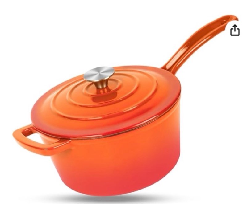 enameled cast iron sauce pan, 2 quarts round sauce pot with lid, mini dutch oven enamel saucepan for cooking pasta sauce, marinate, cook, refrigerate and serve, orange