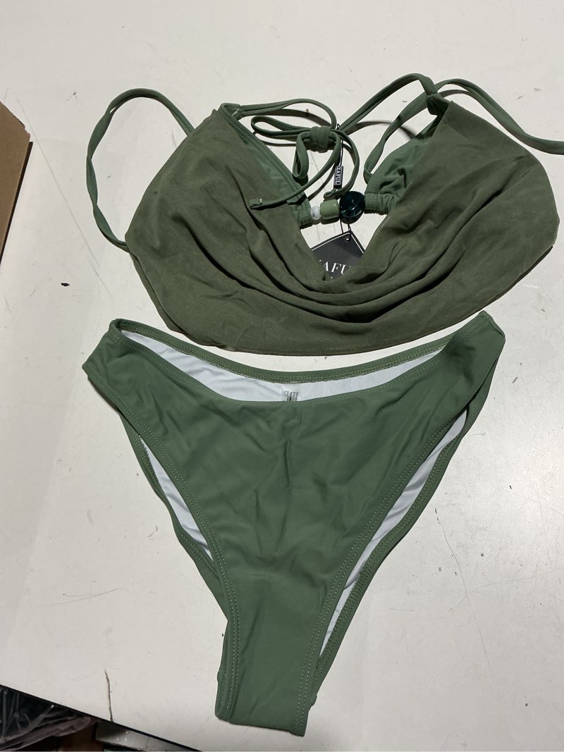 Condition photo showing Good Condition for zaful women's two piece bikini sets triangle halter swimsuit deep v cowl neck ruching bathing suits army green medium