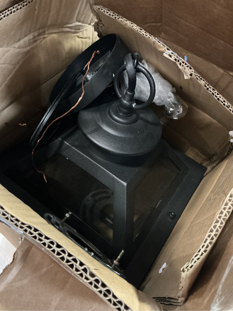 Condition photo showing As Is for Large Outdoor Pendant Light Fixtures 3-Light Black Exterior Hanging Lantern with Clear Glass Outside Chandelier for Porch Front Door House A329L-2