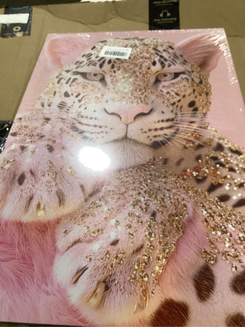 Condition photo showing Good Condition for pink leopard with gold glitter canvas wall art - 16x24 inches framed wall decor for bedroom, living room, bathroom - modern glam animal print artwork for home decoration canvas 24"l x 16"w
