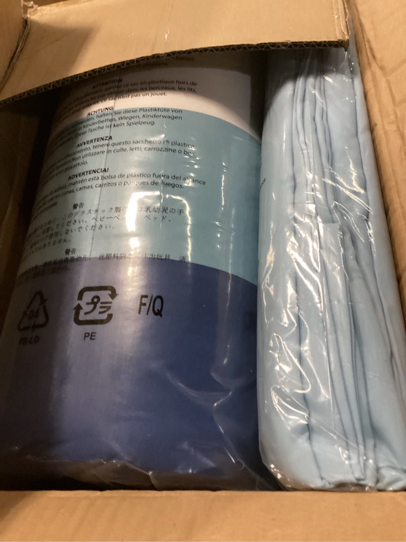 Condition photo showing Good Condition for amazon basics full/queen comforter set with sheets, 7-piece blue stripe bedding, lightweight microfiber bed-in-a-bag, striped 1-pack full/queen blue stripe