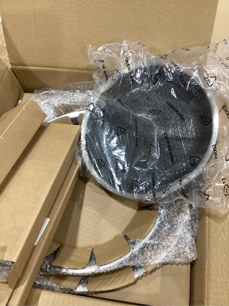 Condition photo showing Good Condition for cooker king stainless steel pans set of 3 (8+10+12 inch), nonstick frying pans, induction pan set, chef's pan, skillets dishwasher & oven safe, stay-cool handles, compatible with all cooktops stainless steel 8 10 12 inch