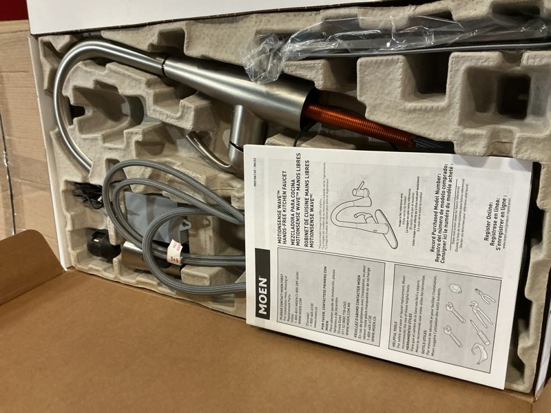 Condition photo showing As Is for Moen Essie Spot Resist Stainless MotionSense Wave One-Handle Touchless Kitchen Faucet with Pulldown Sprayer and Soap Dispenser, 87014EWSRS Spot Resist Stainless Wave