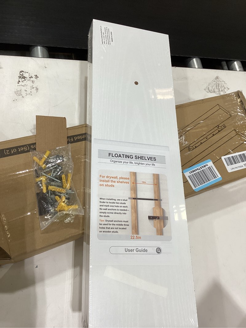 Condition photo showing New/Like New for BAYKA Floating Shelves White, 22.5 inches Rustic Wood Wall Mounted Shelves for Bathroom, Bedroom, Living Room, Kitchen & Office, Hanging Display Shelf with 22 lbs Capacity