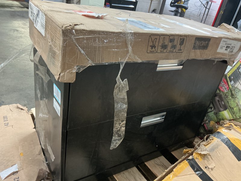 Condition photo showing As Is for hon 2 drawer lateral file cabinet with lock, metal filing cabinets for offices, hanging files, and under desk, 18" deep, black 600 series 2 drawers black