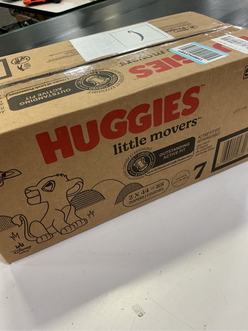 Condition photo showing New/Like New for huggies size 7 diapers, little movers baby diapers, size 7 (41+ lbs), 88 count (2 packs of 44), packaging may vary