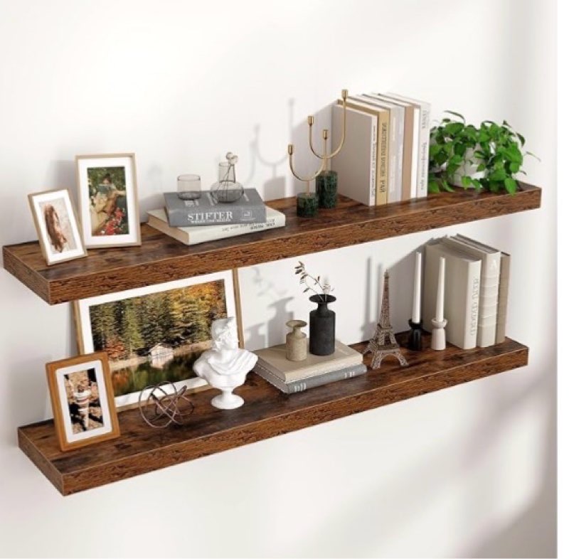 floating shelves for wall 48"w x 9"d x 1.5"h, engineered wood wall shelves with invisible brackets for living room bedroom bathroom office kitchen decor and storage, rustic brown finish, set of 2