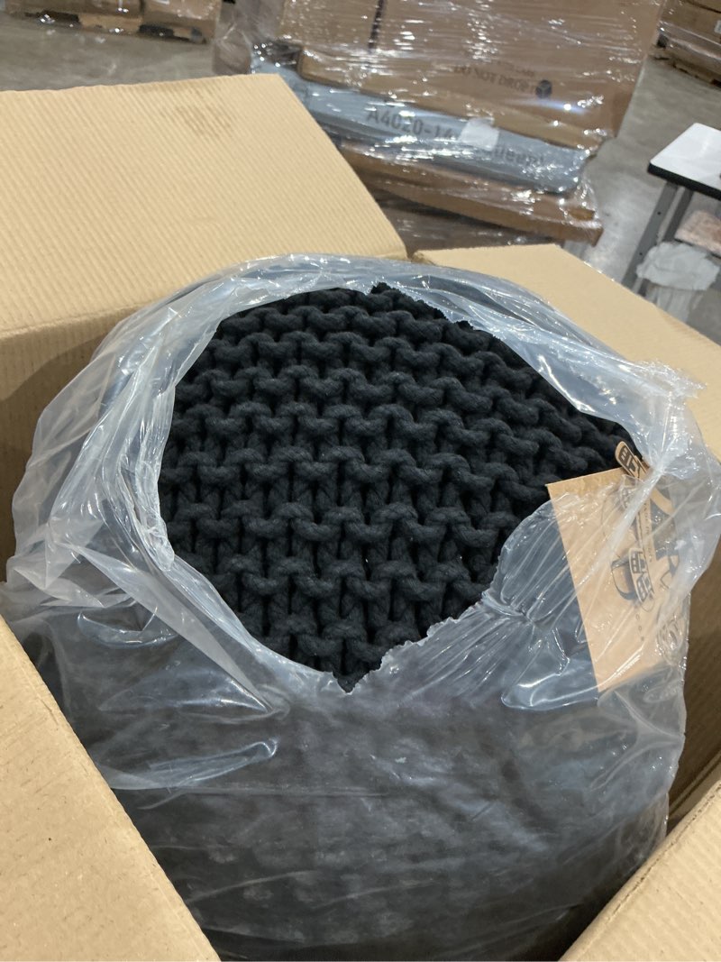 Condition photo showing Good Condition for frelish decor round pouf ottoman hand knitted 100% cotton pouf foot stool - knitted bean bag - floor chair for living room bedroom - foot rest for couch (20 diameter x 14 height) - black