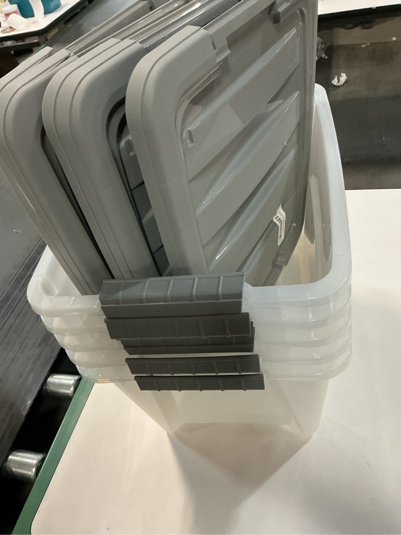 Condition photo showing Good Condition for ((Only 5 ))Amazon Basics Plastic Storage Containers with Secure Latching Lids, Stackable Organization Bins, Clear/Grey, 19 Quart, Set of 6 19 Qt. - 6 Pack