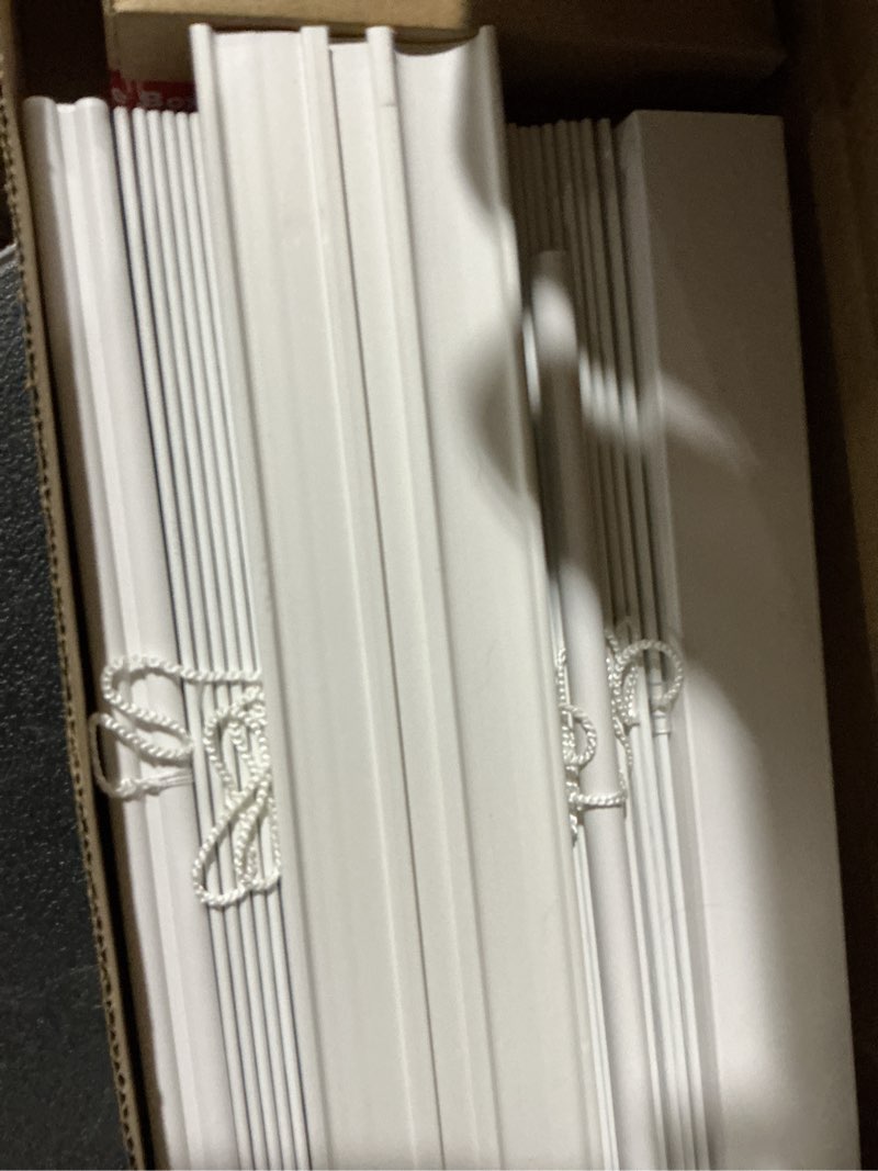 Condition photo showing As Is for levolor trim+go 2.5-in slat width 34-in x 72-in cordless white faux wood room darkening horizontal blinds