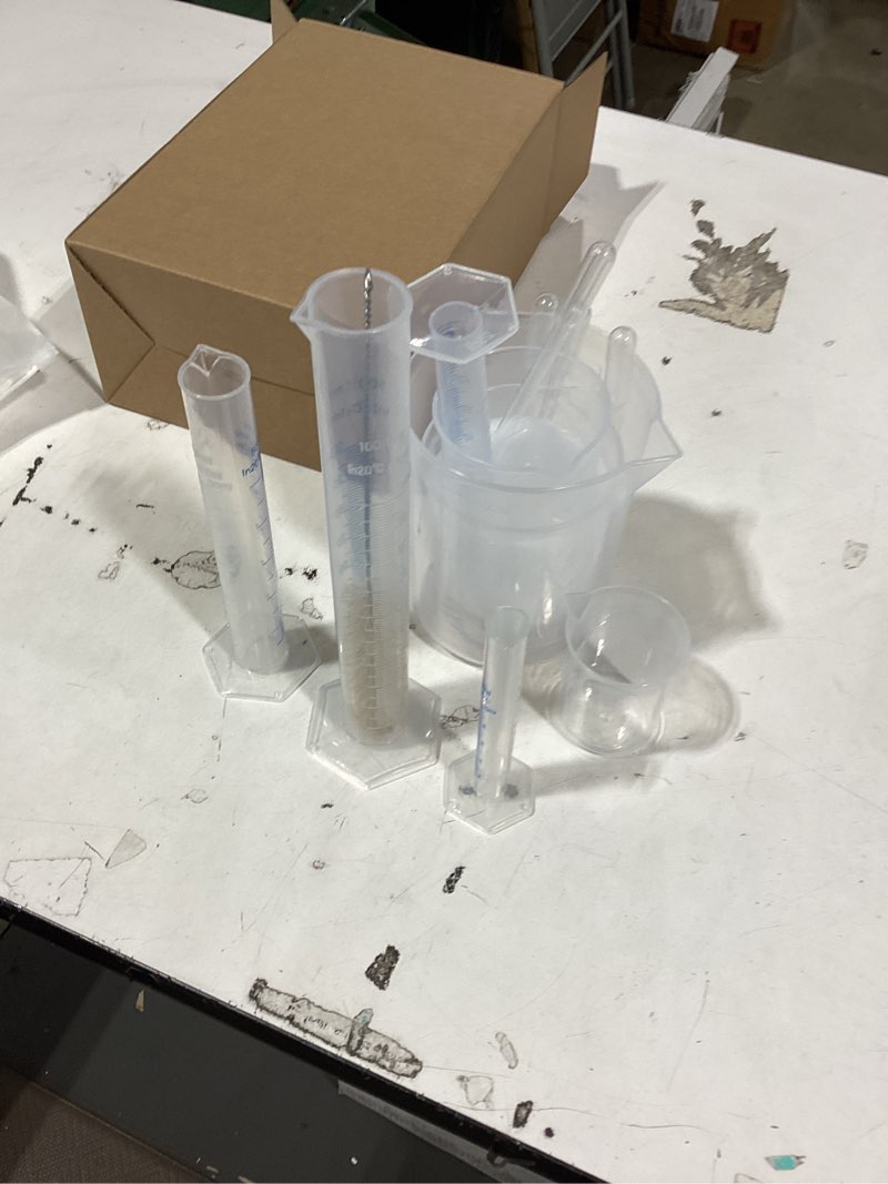 Condition photo showing Good Condition for similar product qwork measuring cylinder set - graduated polypropylene cylinders with droppers, 100 ml, 50 ml, 25 ml,10 ml sizes, for laboratory