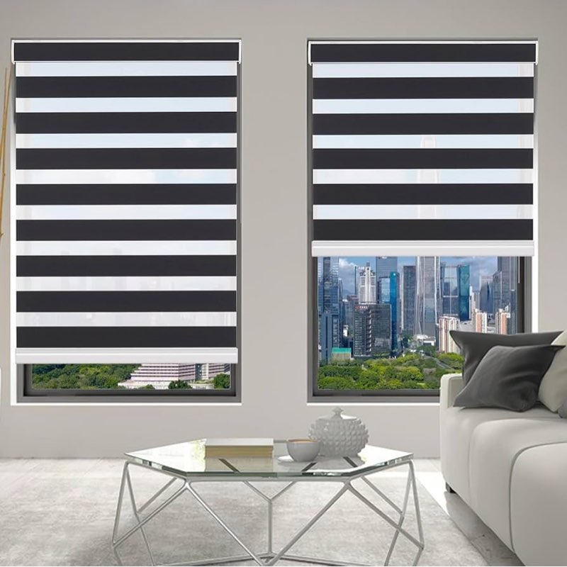 Zebra Roller Window Blinds,Custom Cut to Size,Roller Blinds Dual Layer Roller Shade Blinds, Black,Fixed 64 InchesHigh,46 Inches Width Black 46\\\"W x 64\\\"H