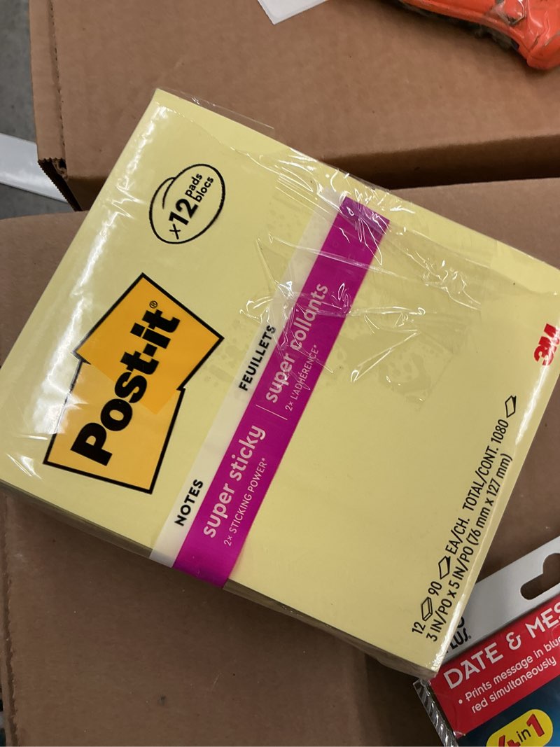 Condition photo showing Good Condition for post-it super sticky notes, 12 sticky note pads, 3 x 5 in., school supplies, office products, sticky notes for vertical surfaces, monitors, walls and windows, canary yellow