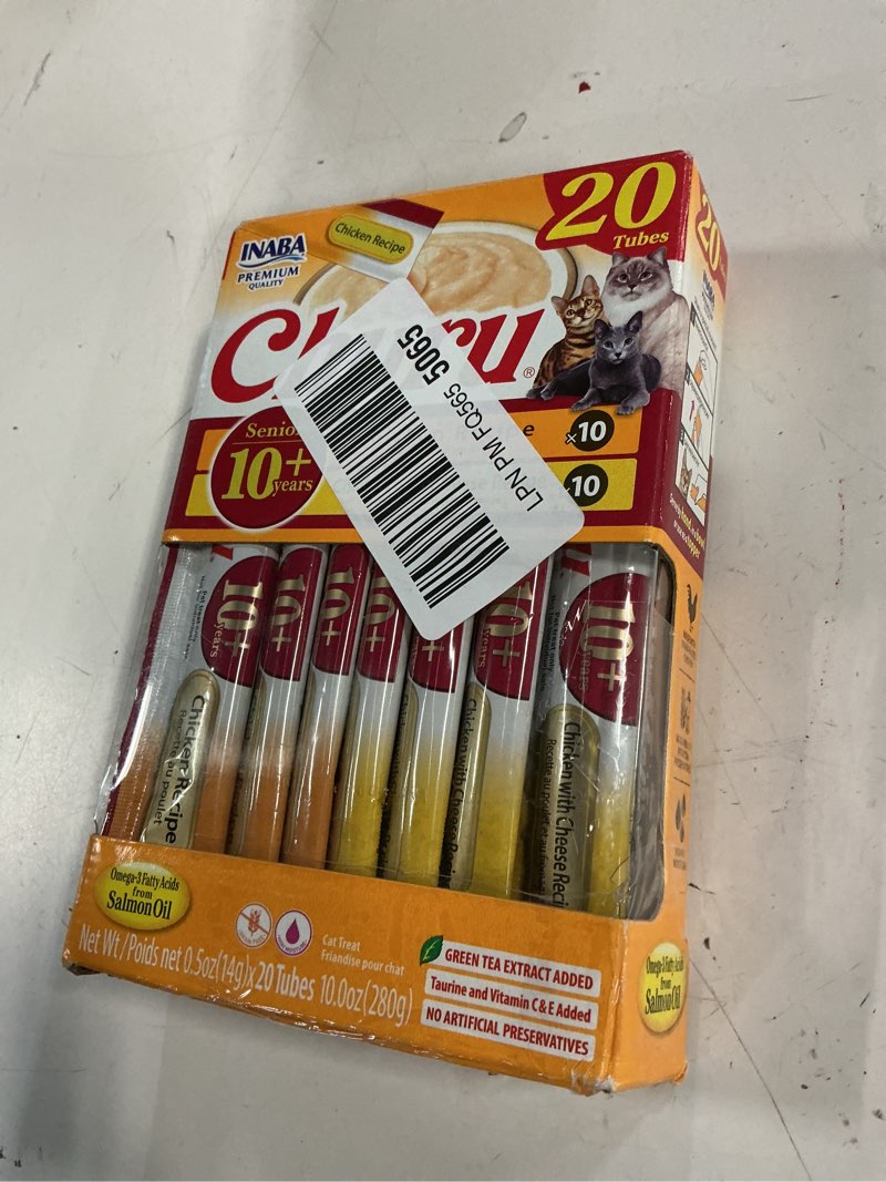 Condition photo showing New/Like New for (best if used by 05/21/2027)inaba churu for senior 10+, creamy lickable cat treats with taurine, vitamin e & c, 0.5 ounces each, 20 tubes, chicken variety chicken variety 1 count (pack of 20)