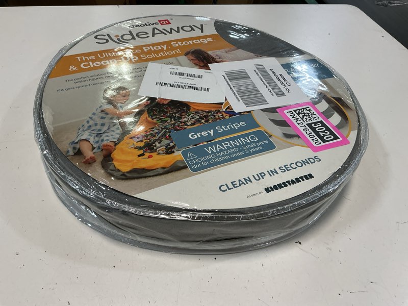 Condition photo showing New/Like New for Creative QT SlideAway Toy Storage Organizer & Extra Large 52" Play Mat, Collapsible Storage Bins for Building Bricks, Small Blocks, Toys, Drawstring Cleanup for Kids Playroom & Classroom, Grey Stripes