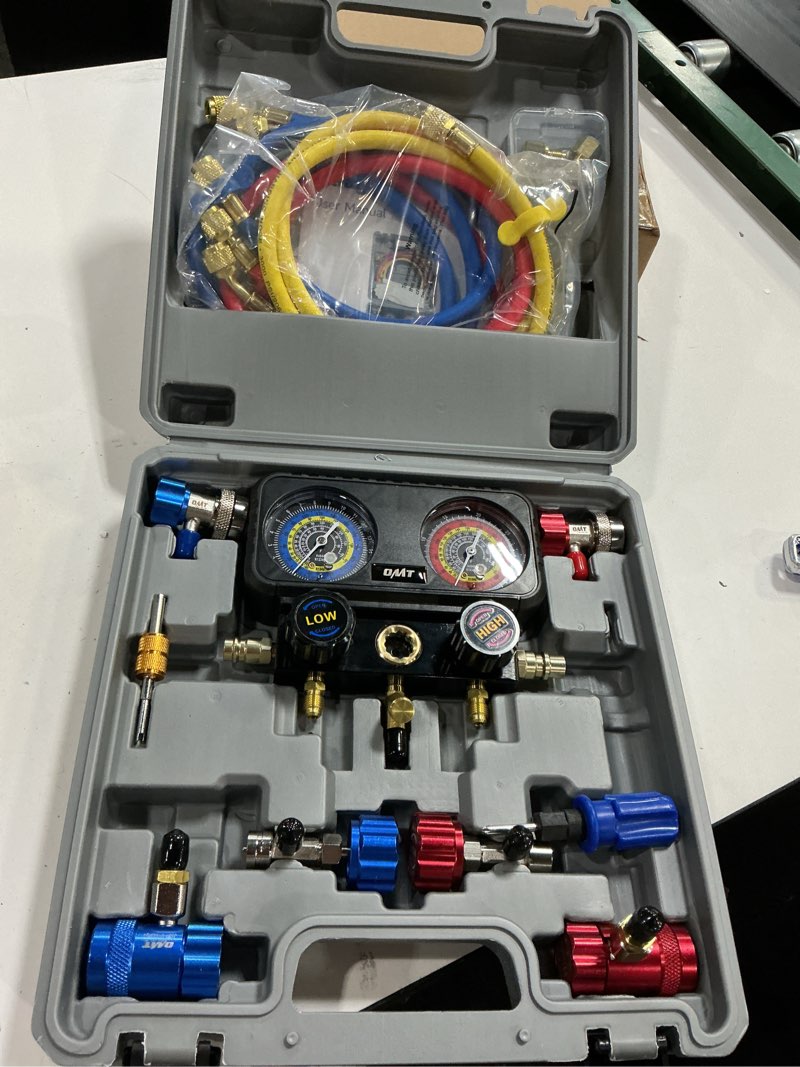 Condition photo showing Good Condition for orion motor tech ac gauges, 3 way manifold gauge set for r1234yf r404a r134a refrigerant, automotive gauge set with hoses quick couplers self sealing can taps for car freon charging & evacuation