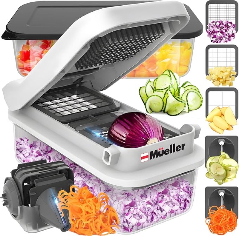 Cortador de vegetais Mueller Pro-Series com lâmina em V, fatiador de ovos, espiralizador, cortador de cebola, frutas, batatas fritas, utensílios de cozinha com recipiente, bege (white sand)/cinza