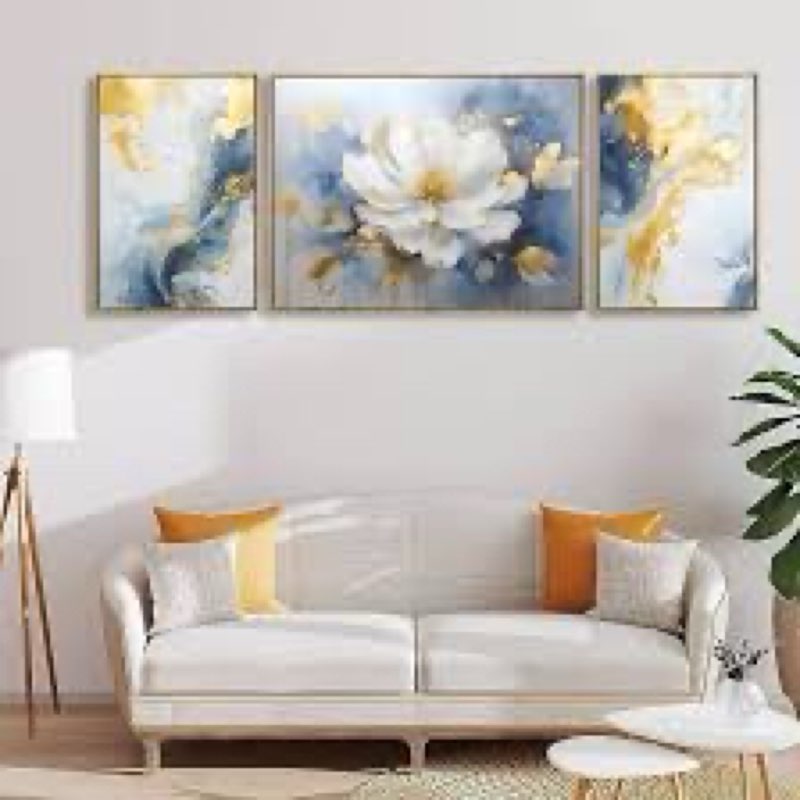 Wall Art 3 Pieces Modern Wall Art Canvas Printing Simple Teal and White Flower for Living Room Bedroom Dining Room Home Office Decor 28"x79" with Framed