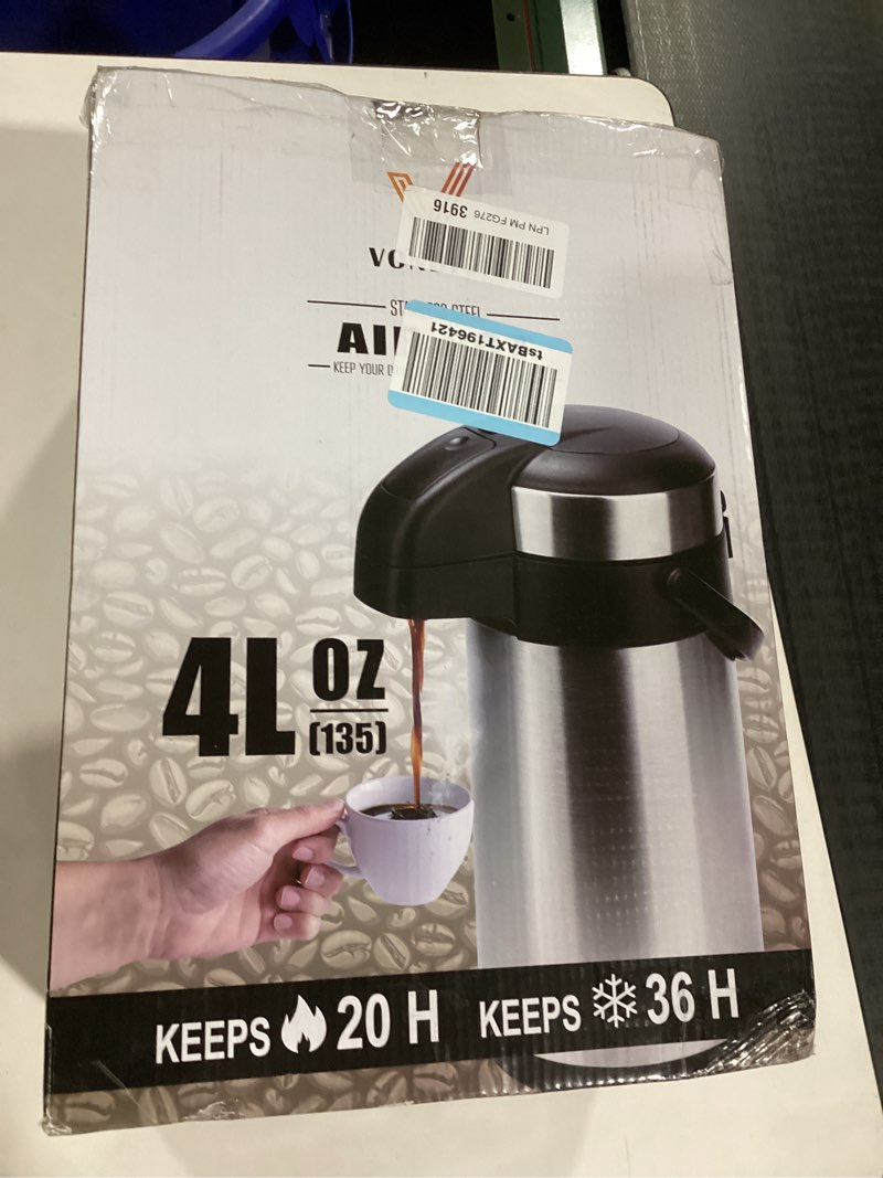 Condition photo showing As Is for Airpot Coffee Dispenser with Pump - 140 oz Insulated Stainless Steel Coffee Carafe - Thermal Beverage Dispenser - Coffee Urn for Hot/Cold Water, Party Chocolate Drinks 140 Ounces 1 Pack